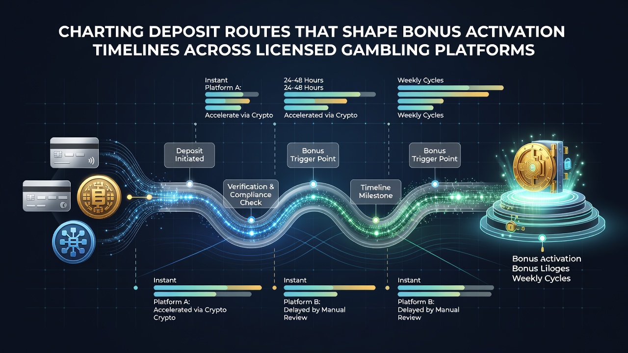 Infographic illustrating regional differences in deposit processing and bonus timelines for licensed gambling sites