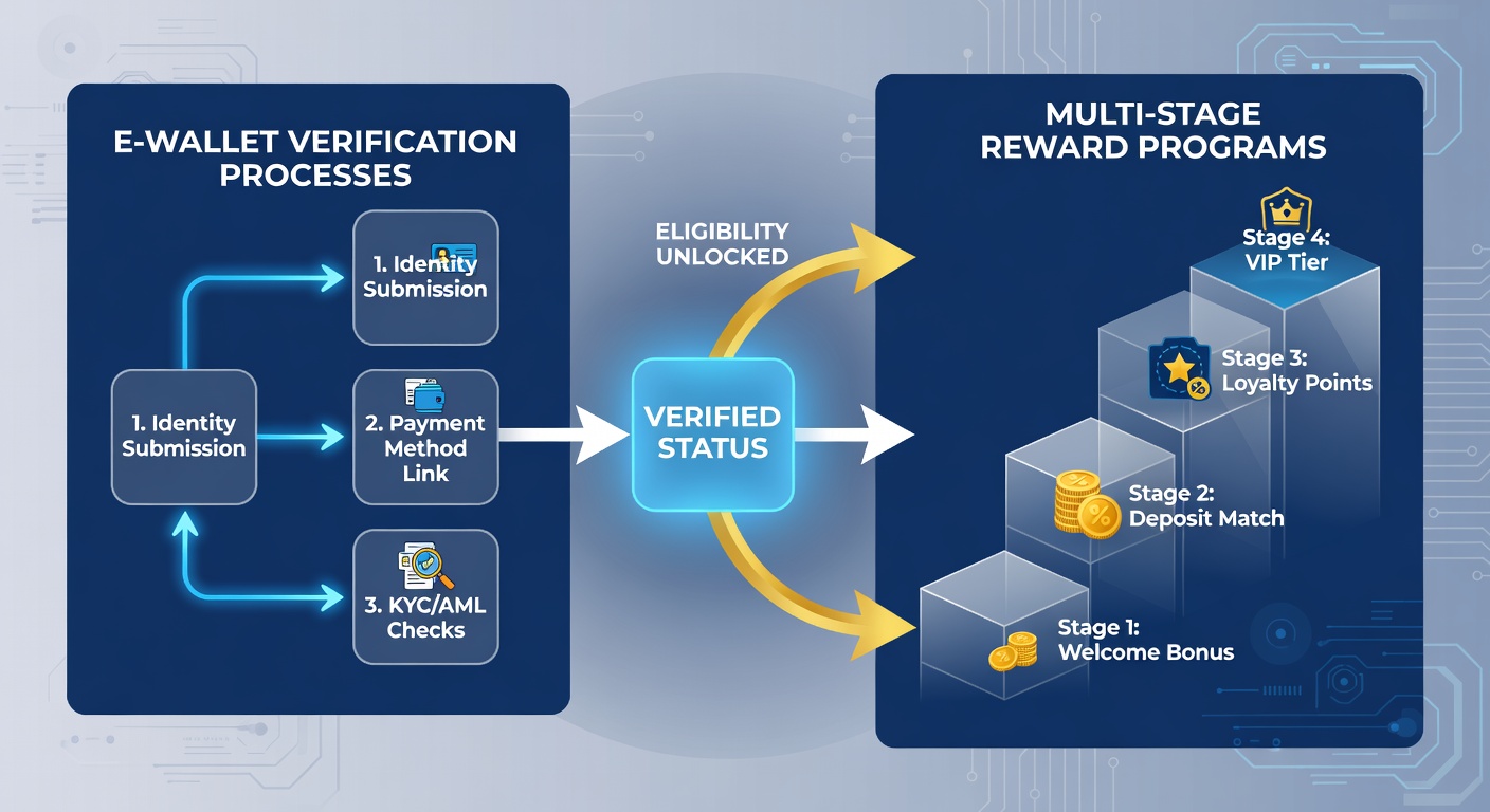 Illustration showing e-wallet verification steps linking to multi-stage reward eligibility on gambling platforms