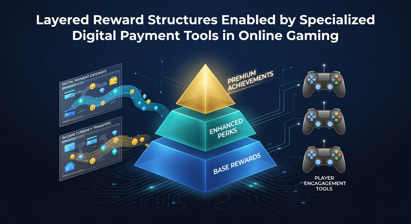 Digital illustration showing layered reward tiers connected to various online gaming payment methods