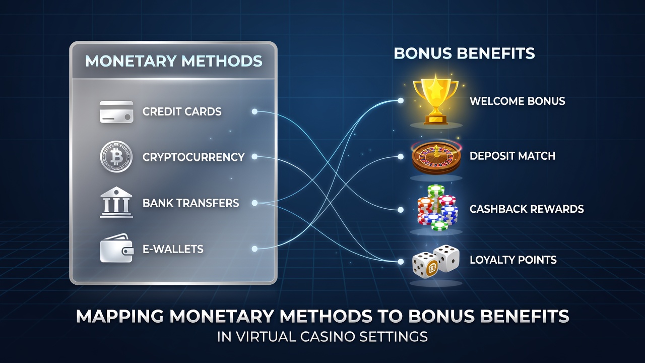 Diagram showing various payment methods connected to casino bonus structures and reward timelines