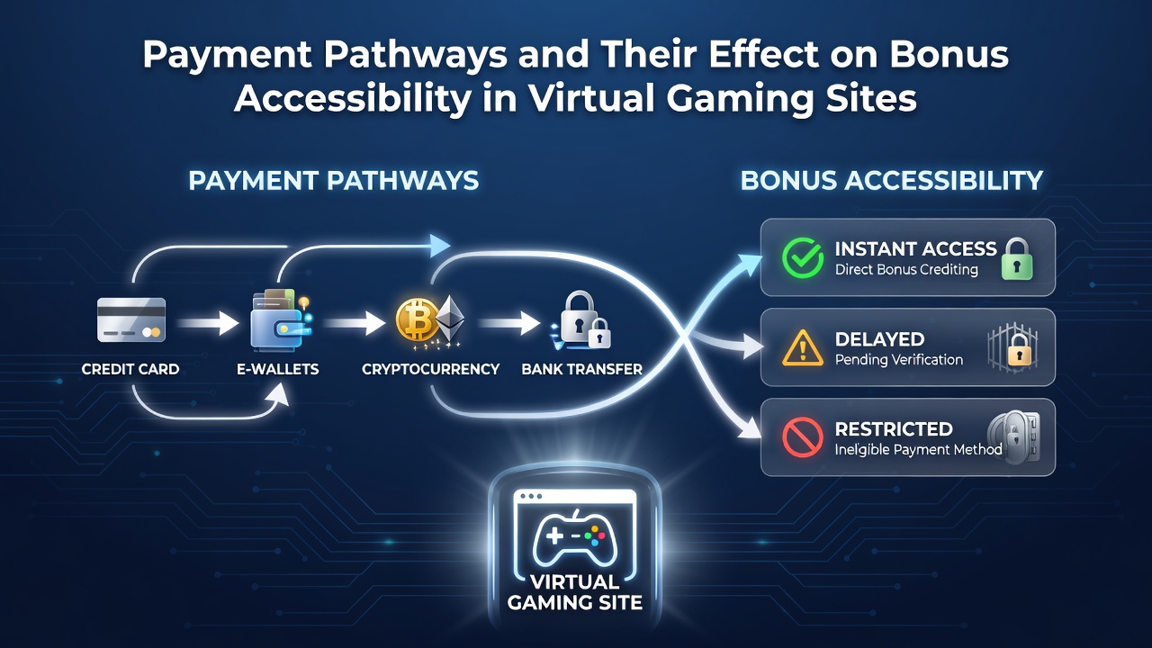 Illustration showing multiple payment pathways connecting to virtual gaming platforms with bonus icons