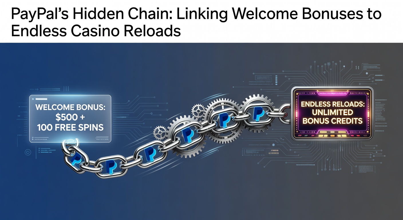Digital illustration of a chain linking a PayPal logo to cascading casino bonus icons, symbolizing connected deposit rewards