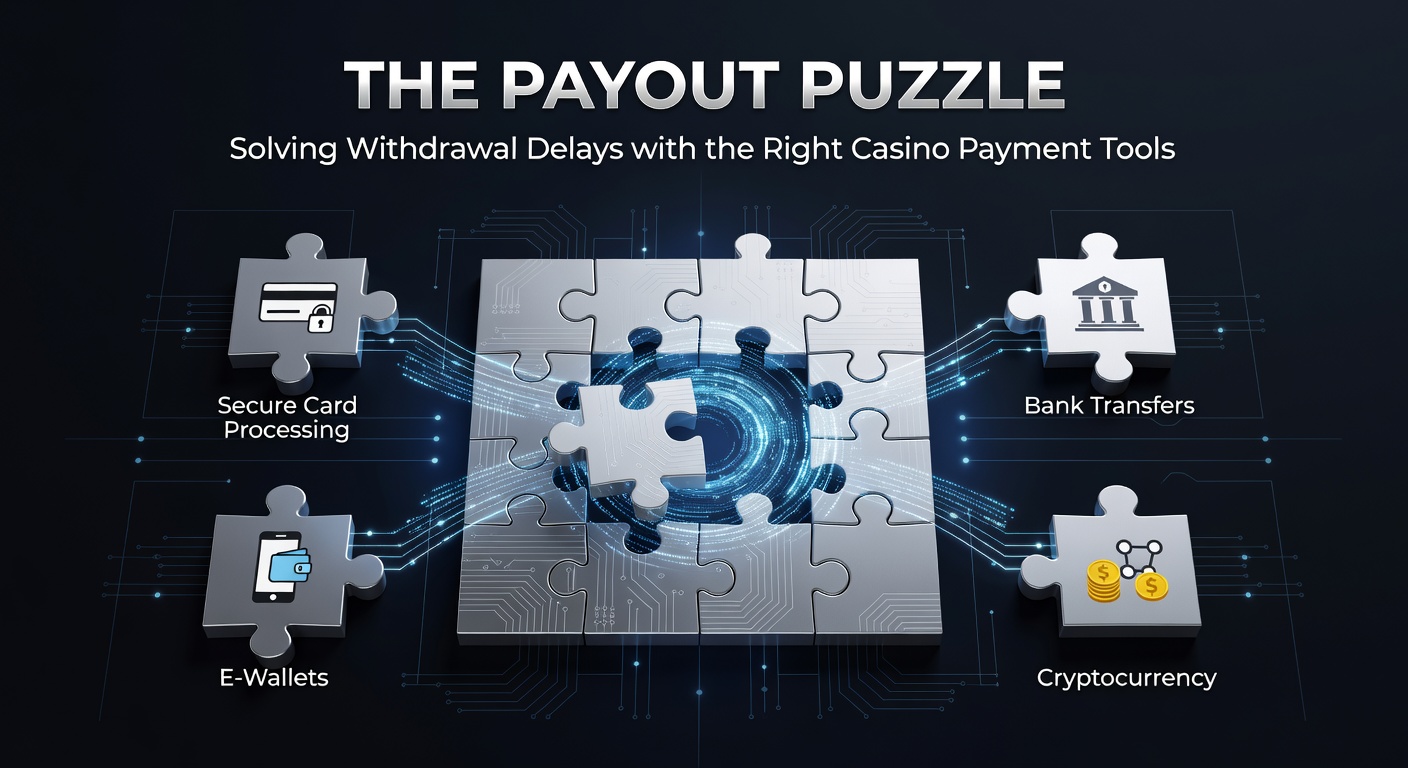 Digital graphic showing a puzzle piece fitting into a slot machine with casino chips and fast-moving payment icons like e-wallets and crypto symbols